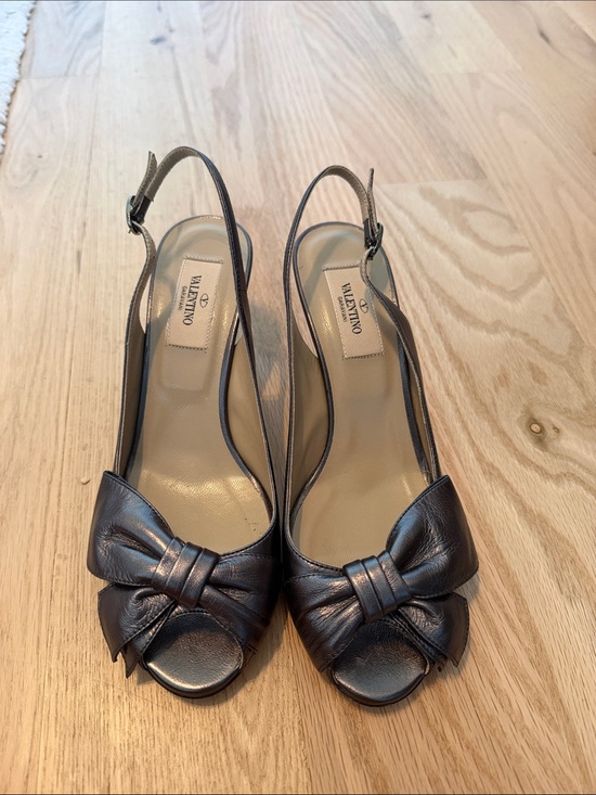 Valentino Shoes - Valentino Garavani - Metallic Black Bow Slingback Peep-Toe Heels